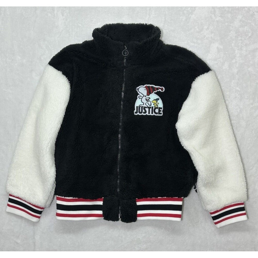 Justice Snoopy Peanuts Sherpa Jacket Girls Size S 7/8 Fleece Zip Up Black White